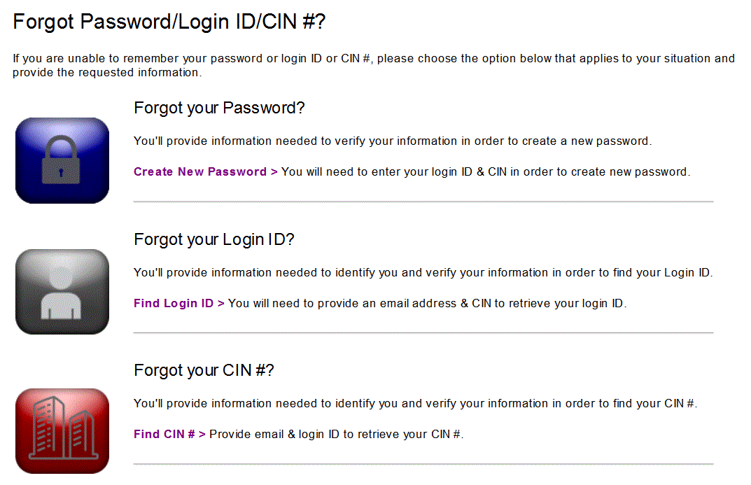Screen shot for forgotten IDs, Password. 