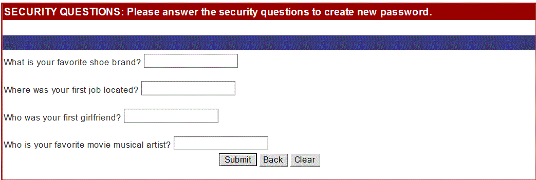 Screen shot for answering users Security Questions. 
