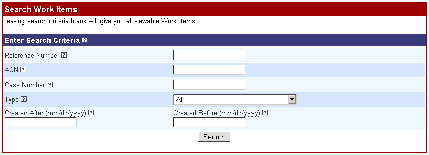 screen shot Search Work Item Form