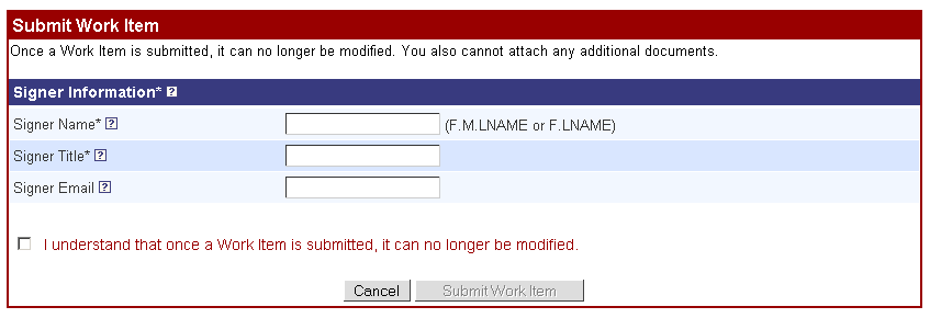screen shot Signature and Submission sub-form