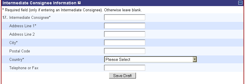 Intermediate Consignee Information sub-form