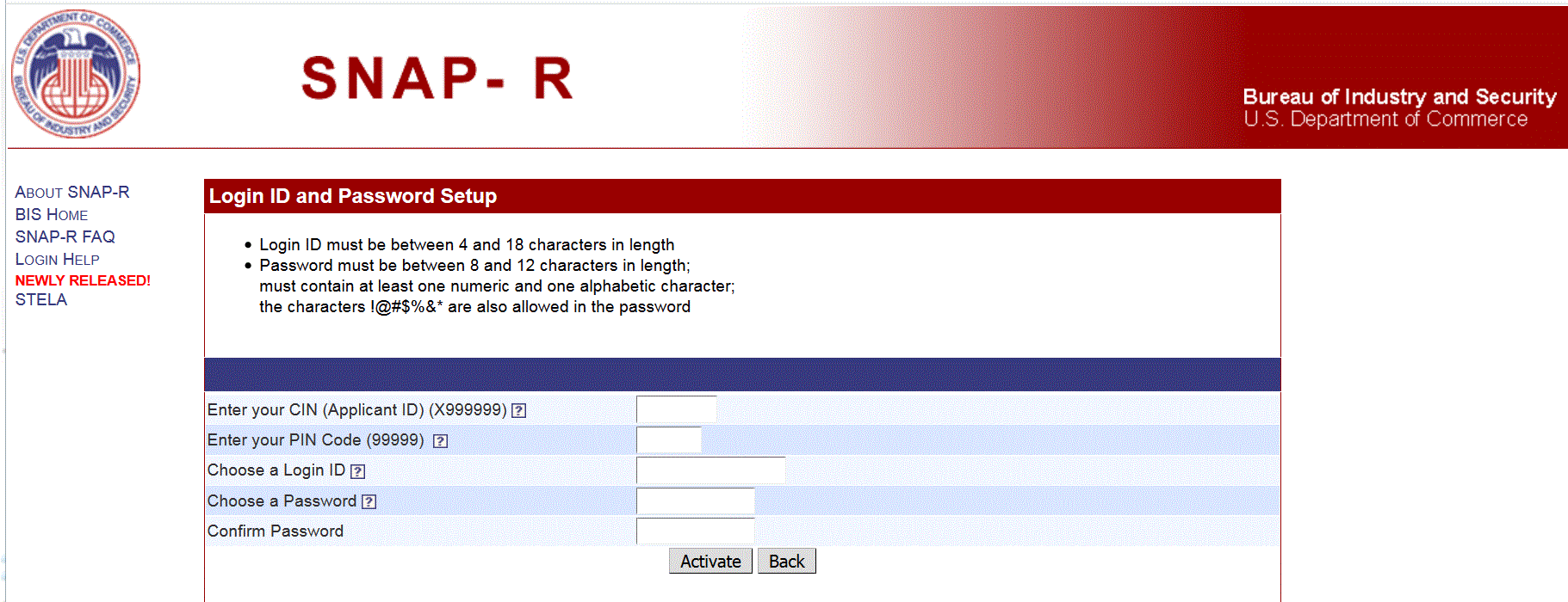 screen shot New User Activation Form